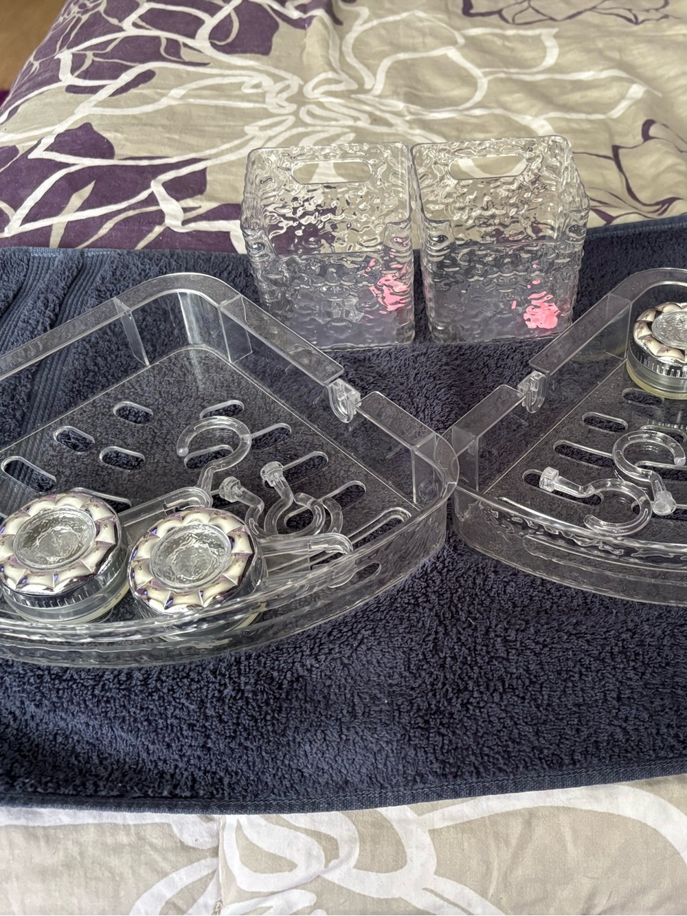 Clear Acrylic Corner Shower Caddy Set with 3hooks each 2sm holders. Never used